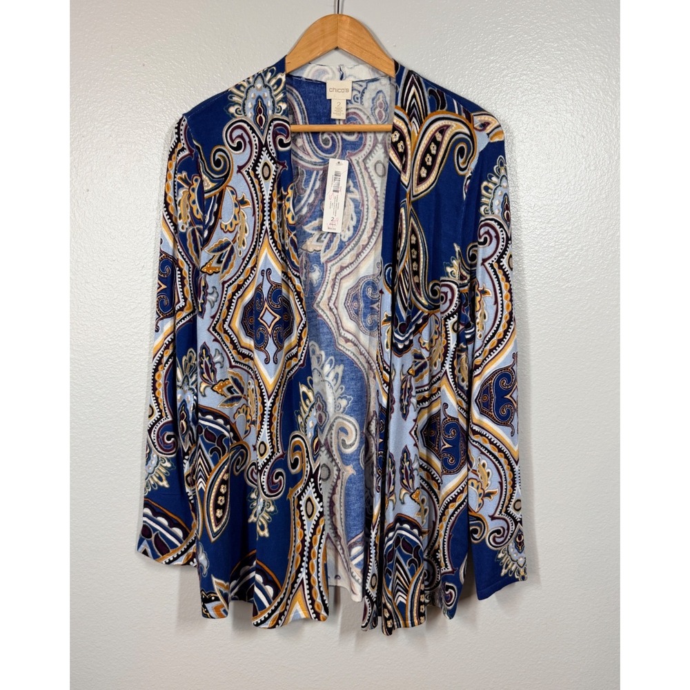 Chico's Cardigan Women's 2 Large‎ Blue 3/4 Sleeve Lightweight Paisley Open Front